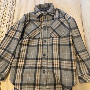 Women's Plaid Button-Down Shirt in Gray and Beige